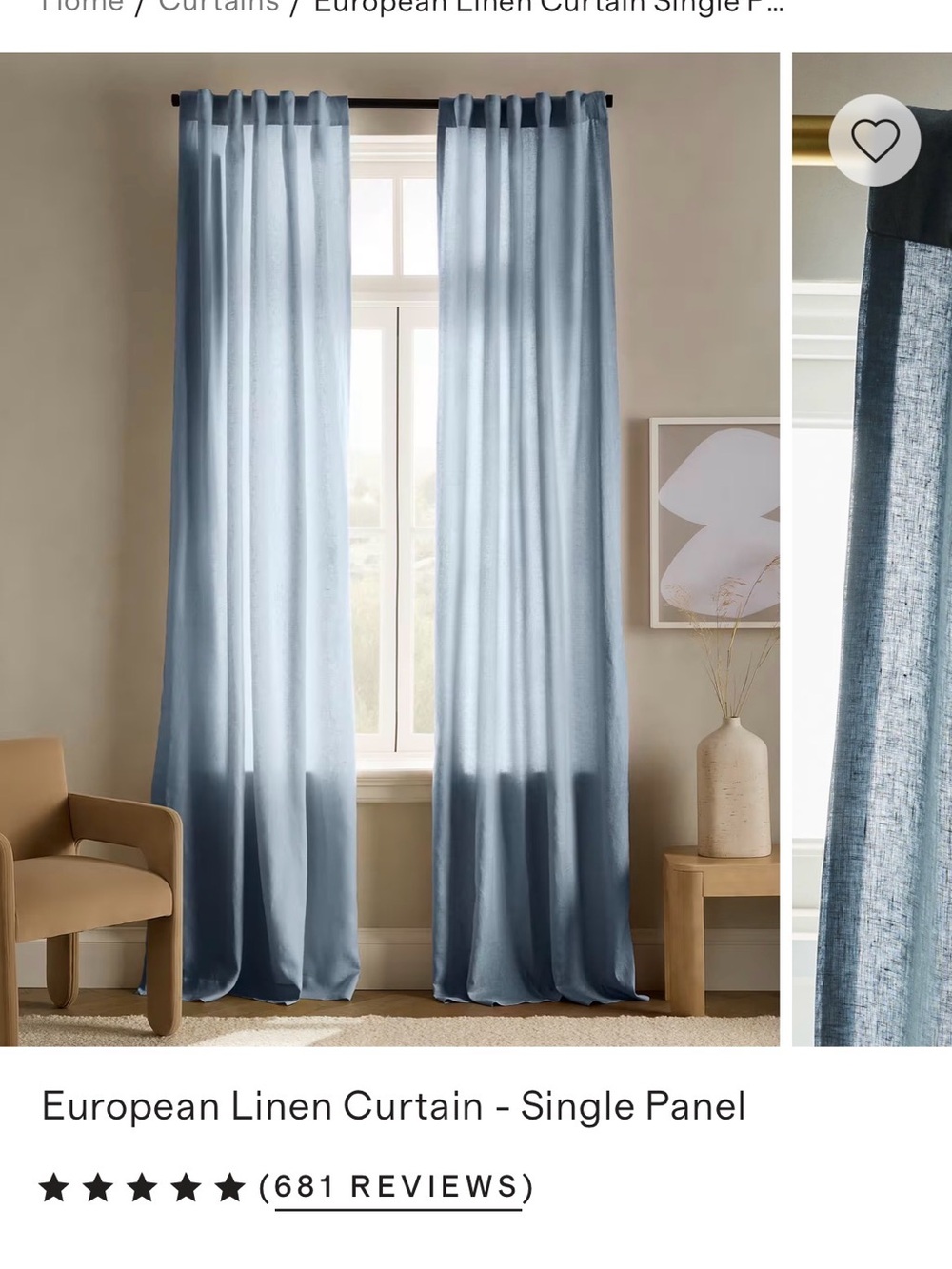 Quince NWT European Linen Curtain Panel 48x96” chambray blue